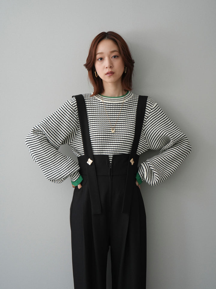 [SET]ラメ異素材ボーダーリブニットプルオーバー+ゴールドボタンサスペンダーワイドパンツ(2set)