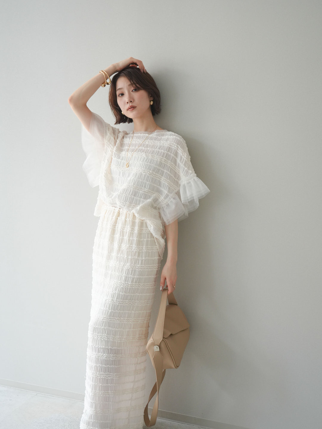 [SET]チュール袖リップルトップス+リップルIラインスカート(2set)