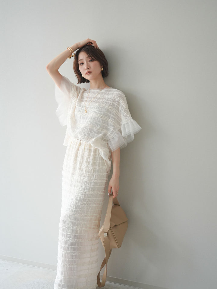 [SET]チュール袖リップルトップス+リップルIラインスカート(2set)