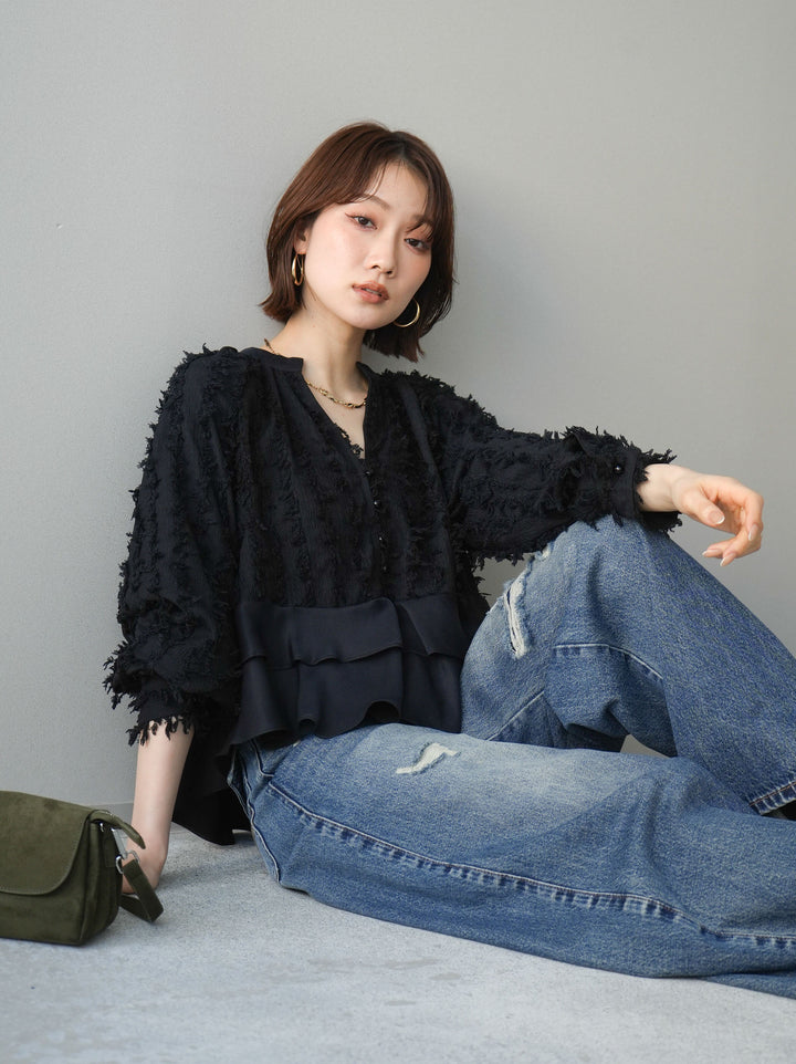 [SET]ジャガードぺプラムフリルブラウス+選べるアクセセット(2set)