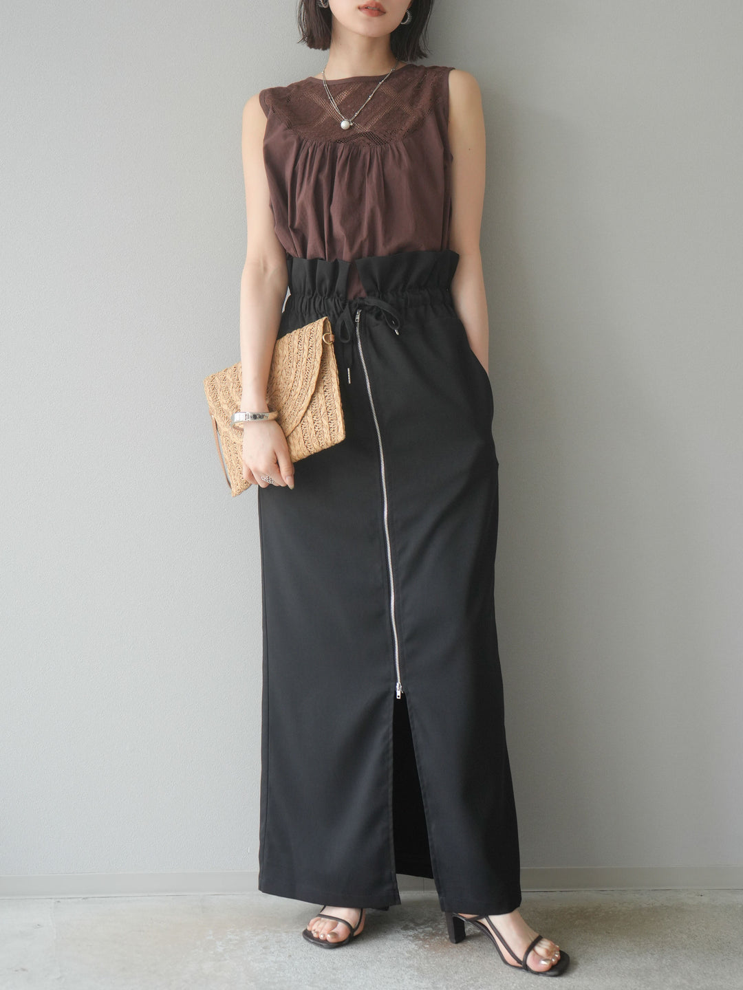 [予約]インド製コットンレース切替ノースリブラウス/ブラウン