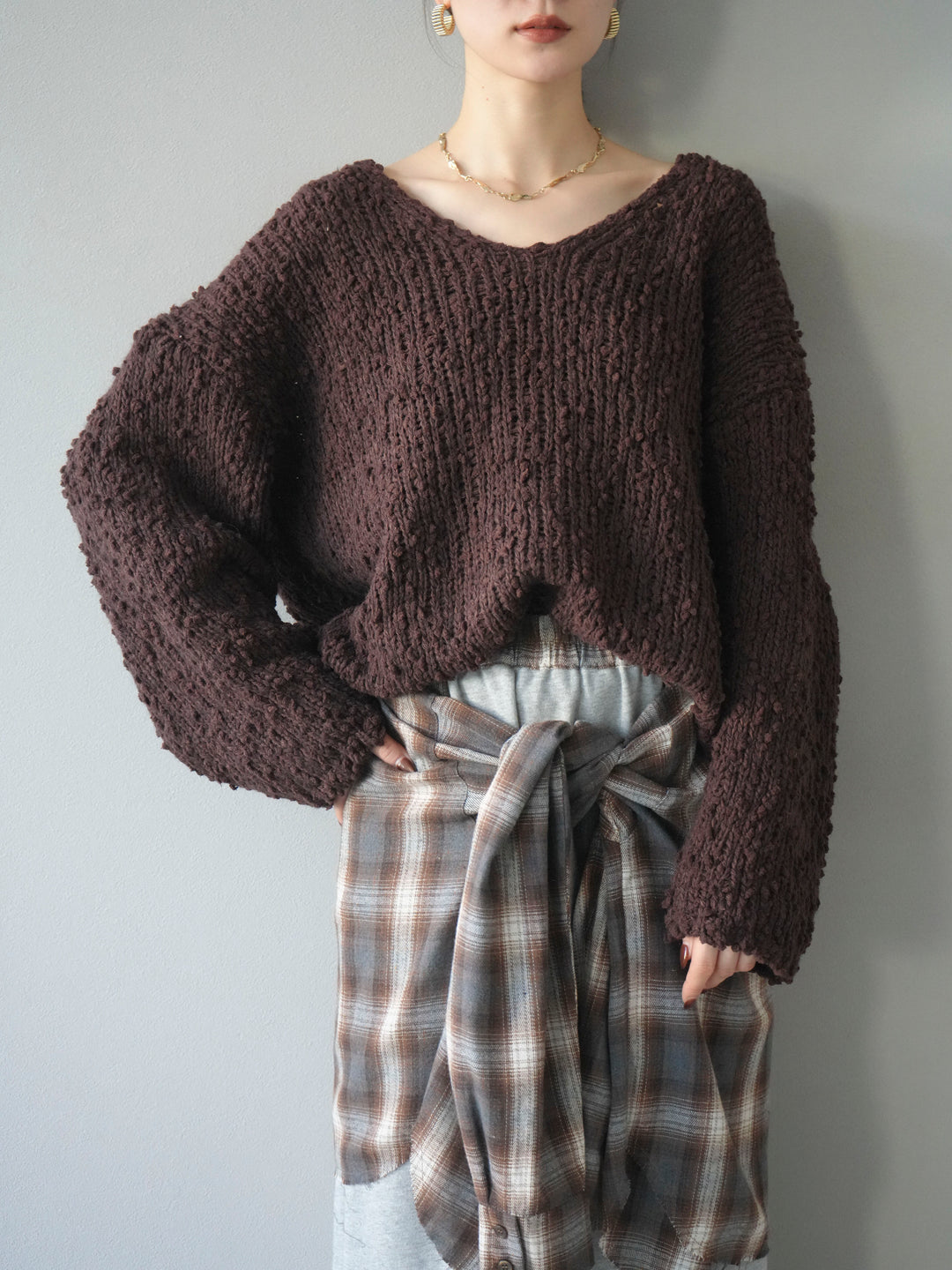 [予約]メランジポコポコニットプルオーバー/brown