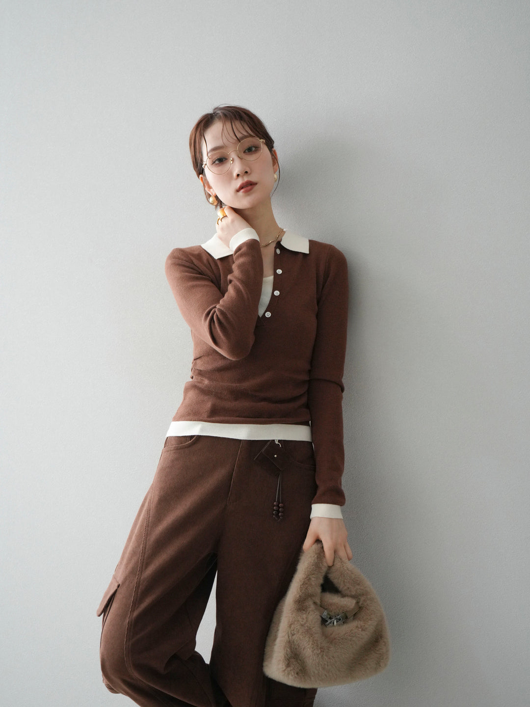 [予約]レイヤード配色ポロニットトップス/brown