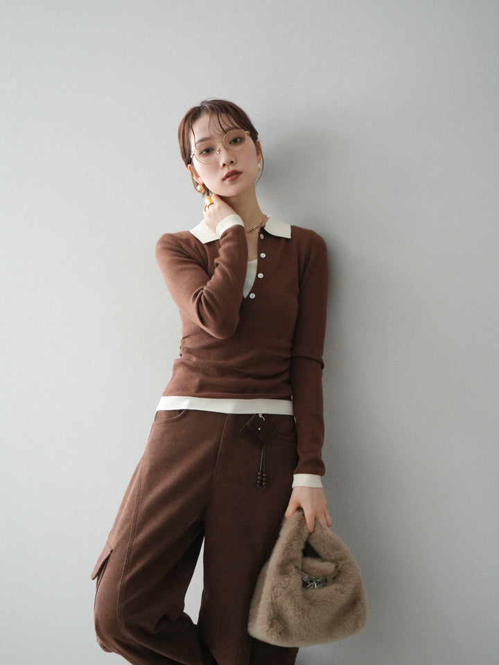 [予約]レイヤード配色ポロニットトップス/brown