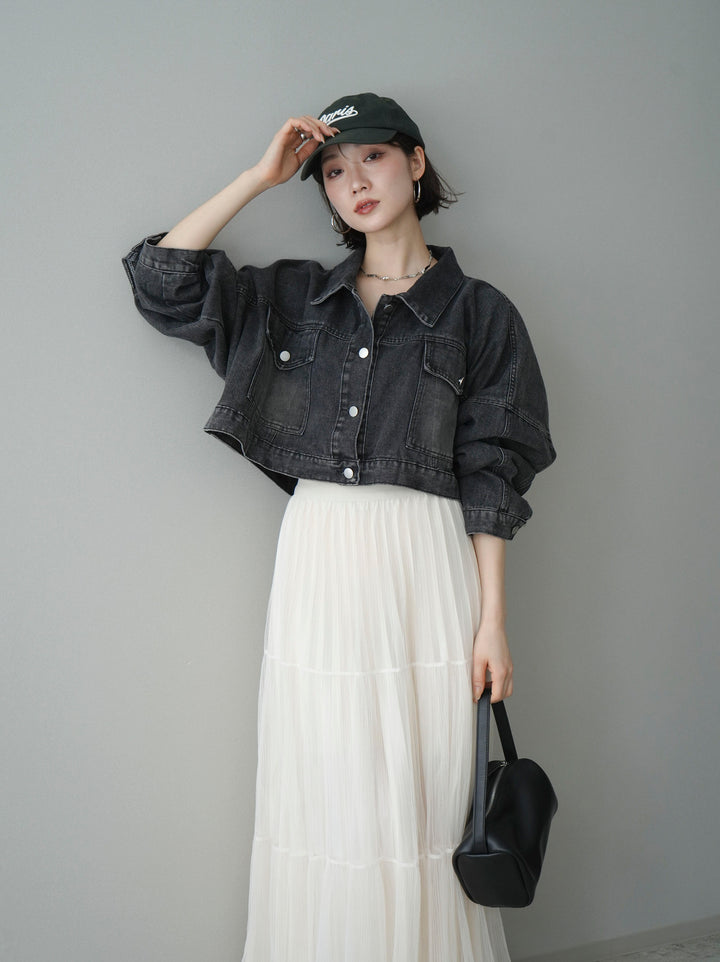 [SET]デニムショートシャツジャケット+ラメプリーツレイヤードチュールロングスカート(2set)