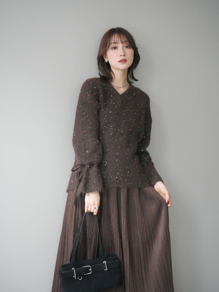 [予約]キャンディースリーブカラーネップスパンコールニットプルオーバー/brown