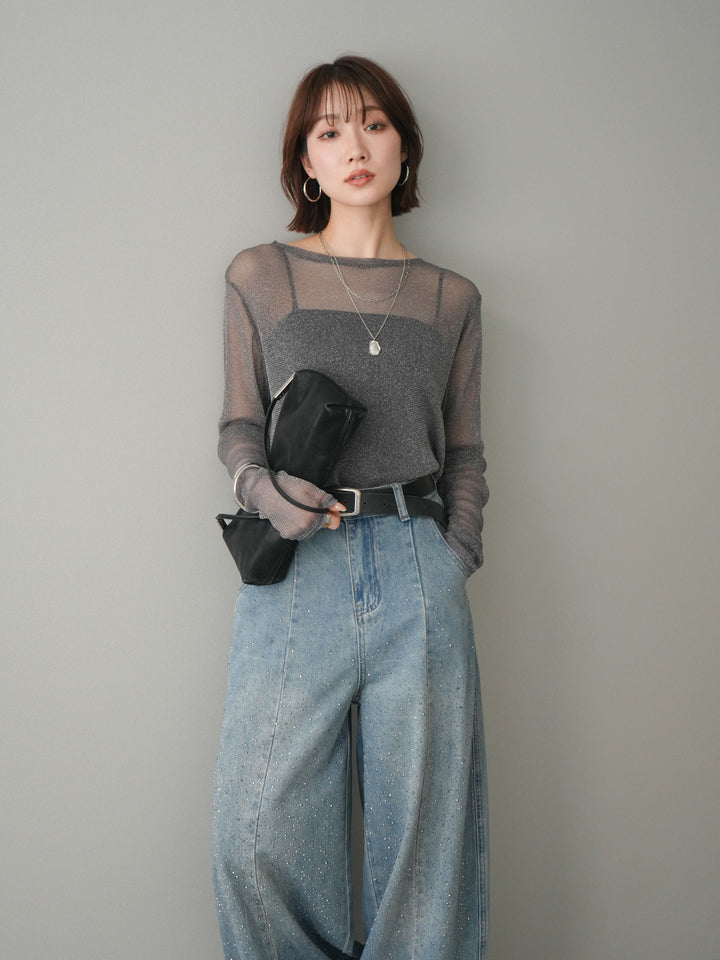 [予約]ラメシアークルーネックトップス/charcoal