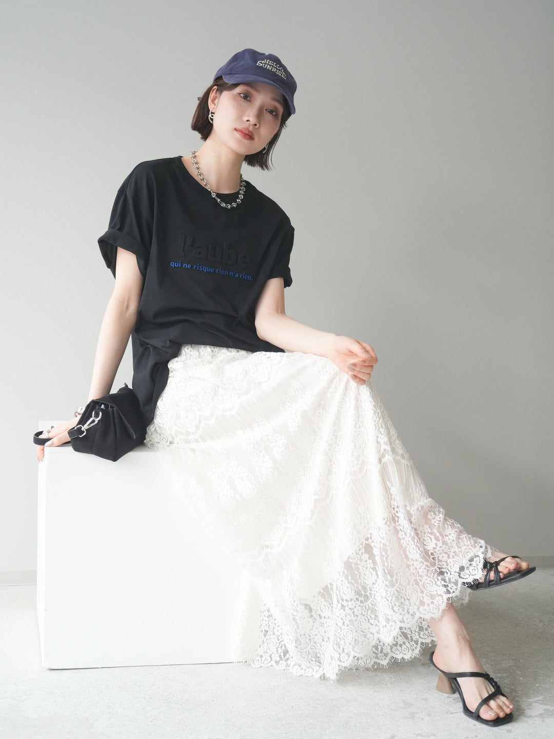 [SET]エンボスロゴTEE+裏プリーツ総レースロングスカート(2set)