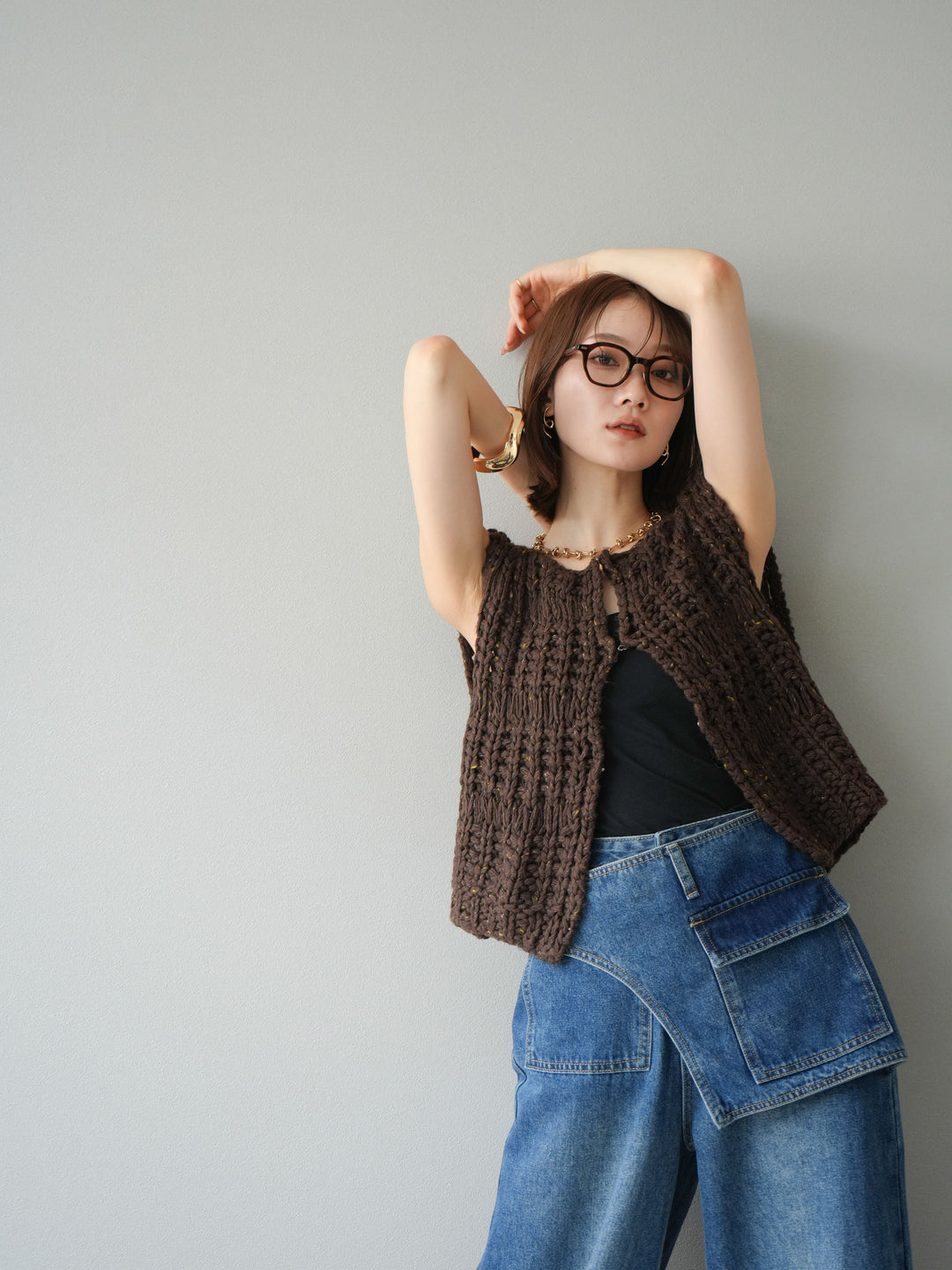 [予約]ミックスヤーンデザイン編みニットベスト/ブラウン