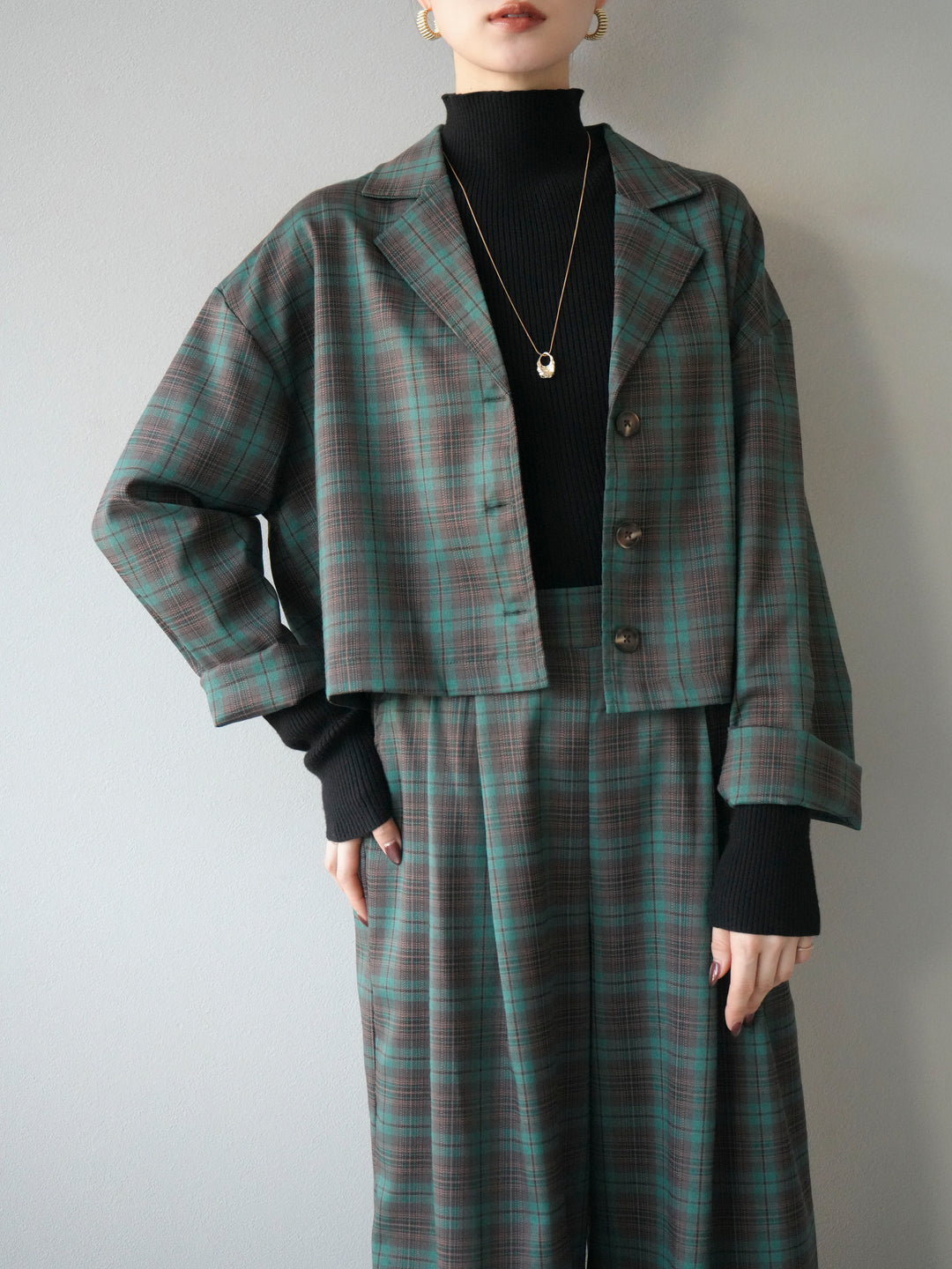 [SET] 格紋短外套+格紋休閒褲（2件組）