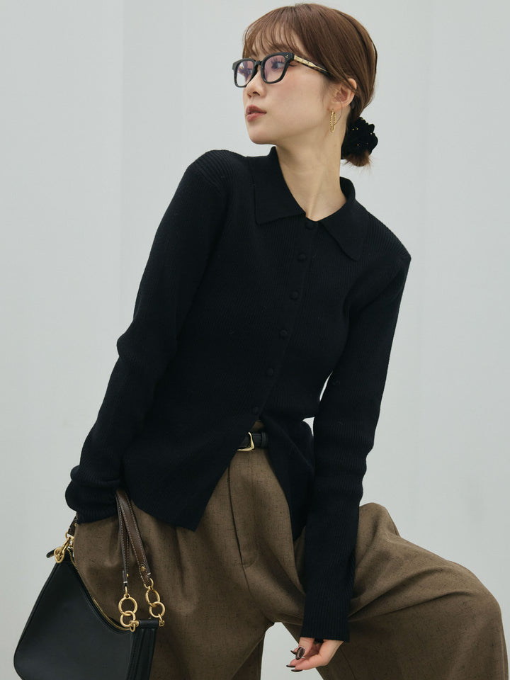 [予約]くるみボタンポロリブニットトップス/black