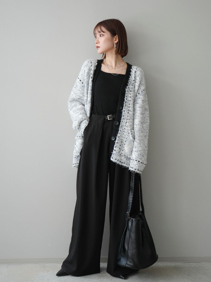 [SET]ブークレハンドステッチニットカーディガン+ベルトループデザインワイドパンツ(2set)