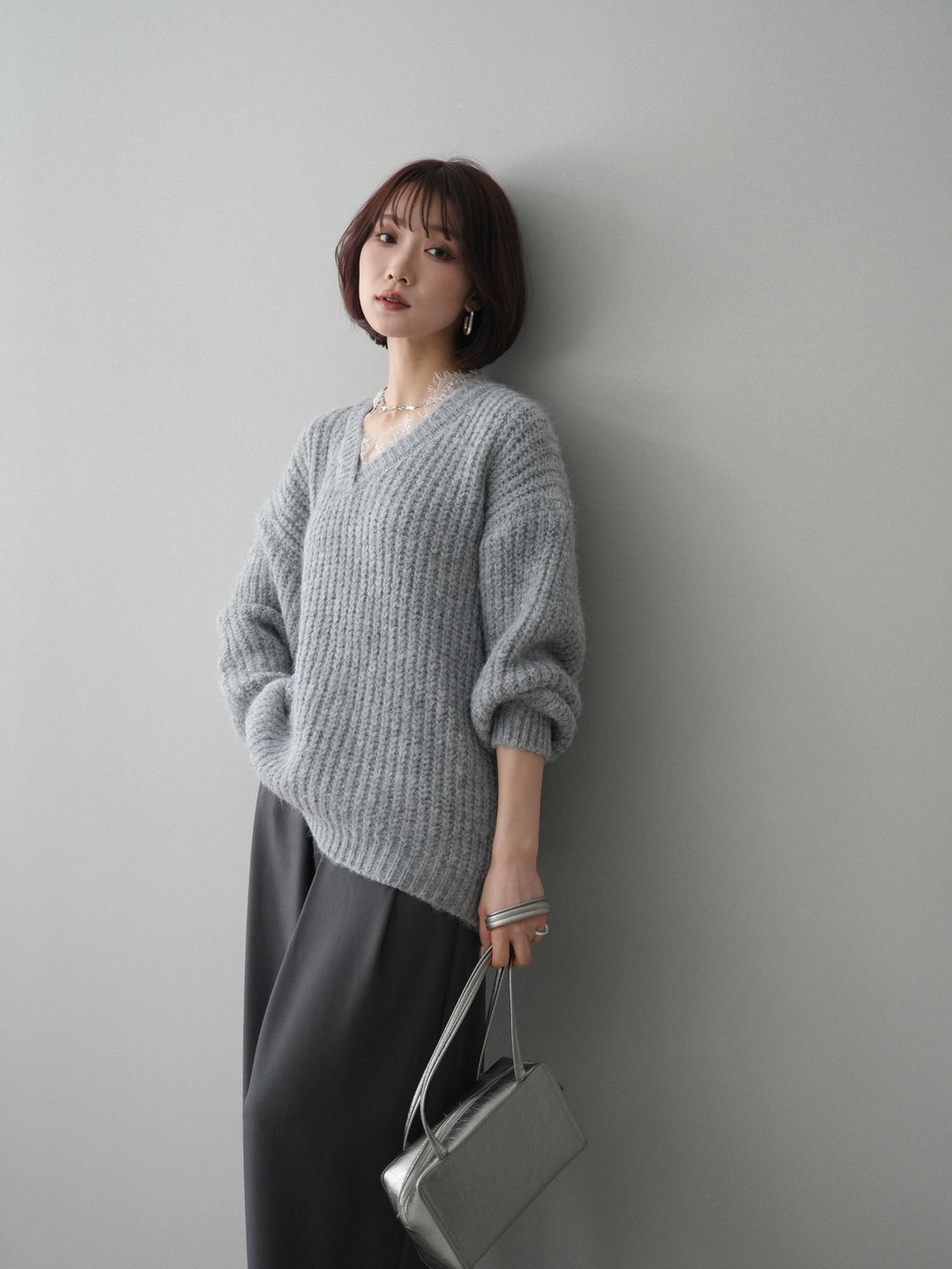 [SET]Vネックレースニットプルオーバー+ベルトループデザインワイドパンツ(2set)