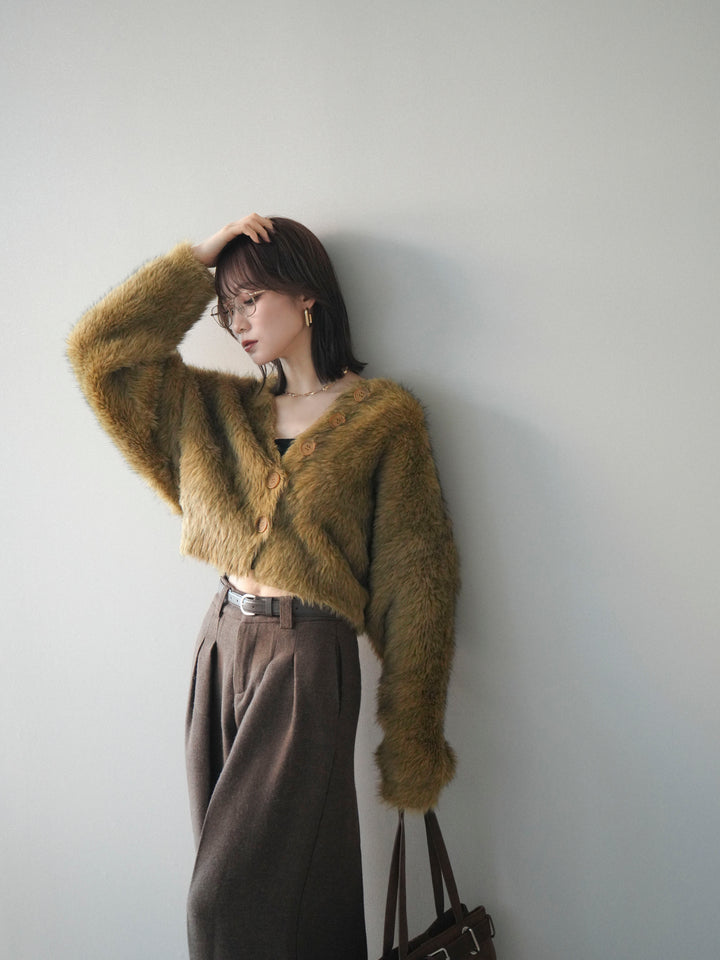 [予約]ミックスシャギーショートニットカーディガン/green