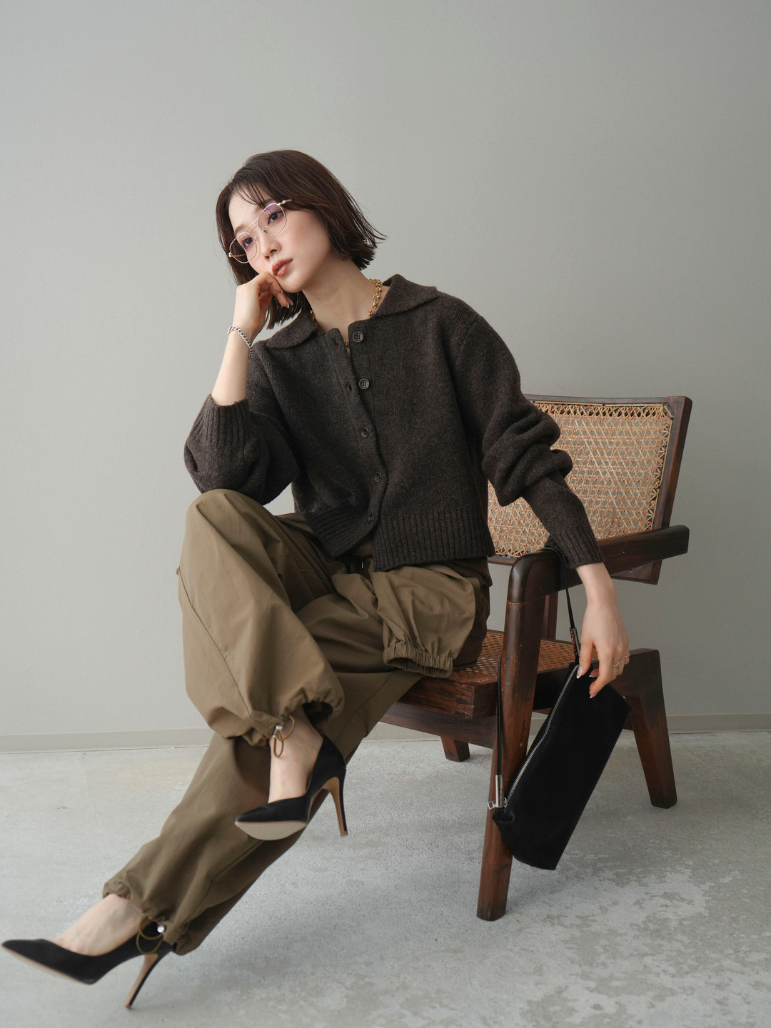 [予約]メランジニット襟付きクロップドカーディガン/brown