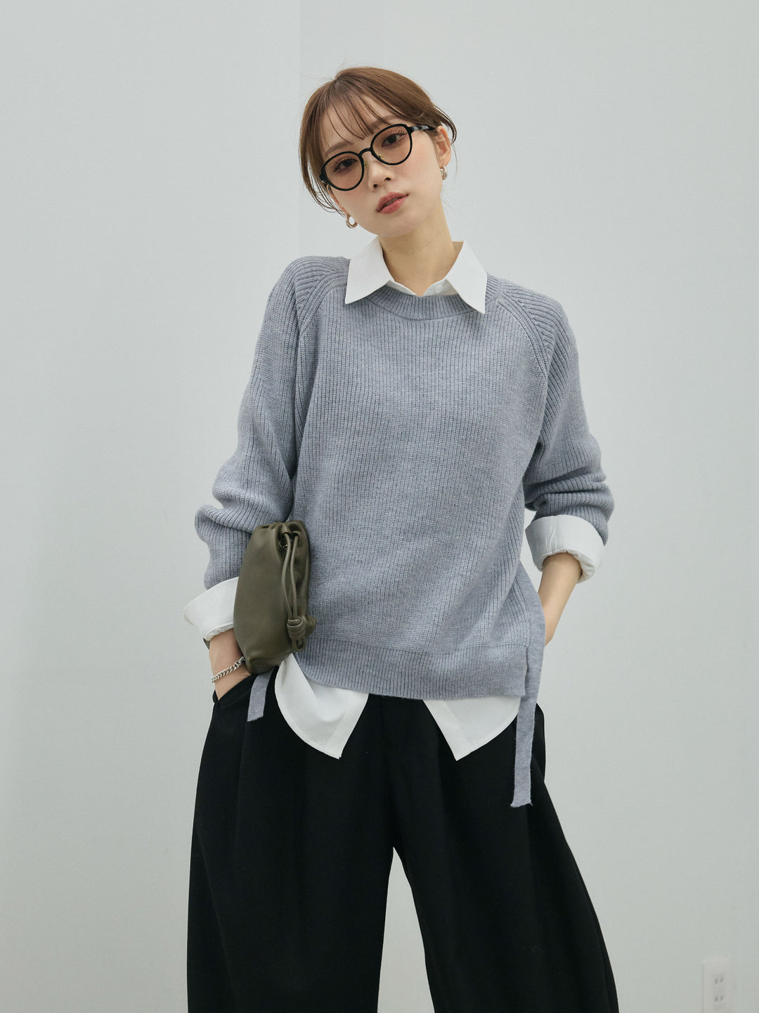 【Allure】[SET]サイドスリット畦編みニットプルオーバーシャツアンサンブル+モックスカルゼサイドタックコクーンパンツ(2set)