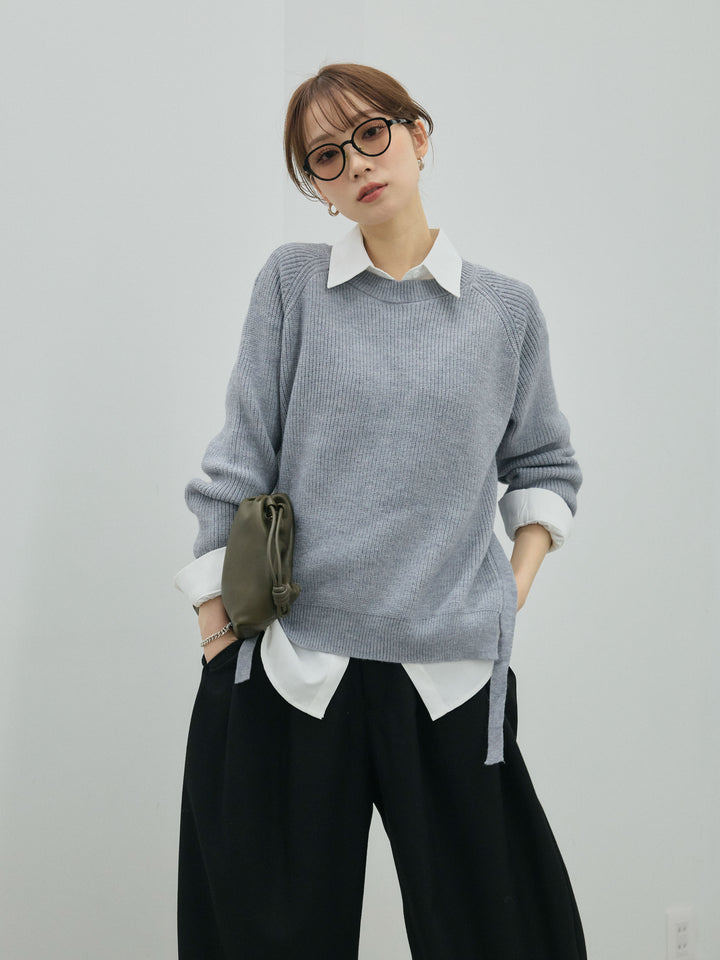 【Allure】[SET]サイドスリット畦編みニットプルオーバーシャツアンサンブル+モックスカルゼサイドタックコクーンパンツ(2set)