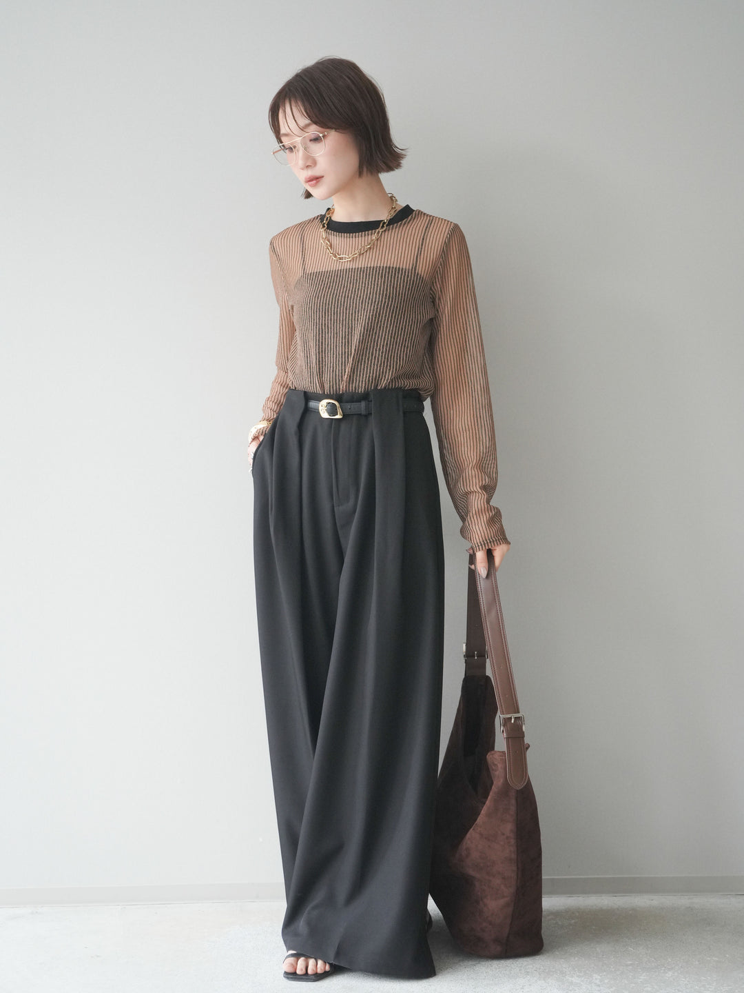 [SET]シアーストライプメッシュトップス+ドレープタックベルトループパンツ(2set)