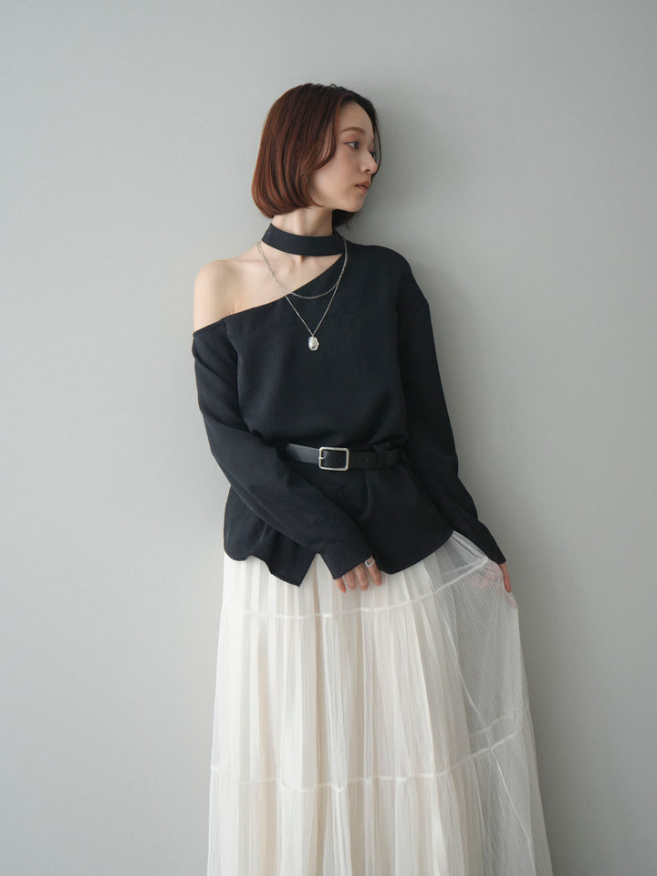 [SET]ベルト付ワンショルダースリットブラウス+ラメプリーツレイヤードチュールロングスカート(2set)