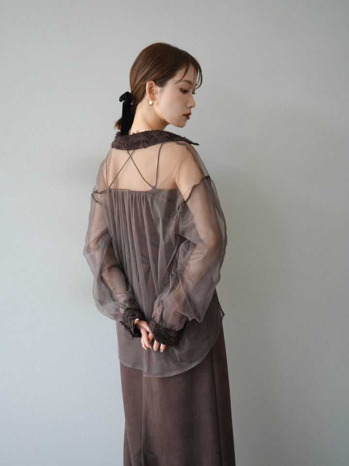 [予約]フリンジジャガード×チュールレイヤードシャツ/ブラウン