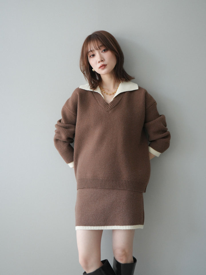 [SET]配色襟ニット＆ミニスカートSET UP+配色襟ニット＆ミニスカートSET UP(2set)