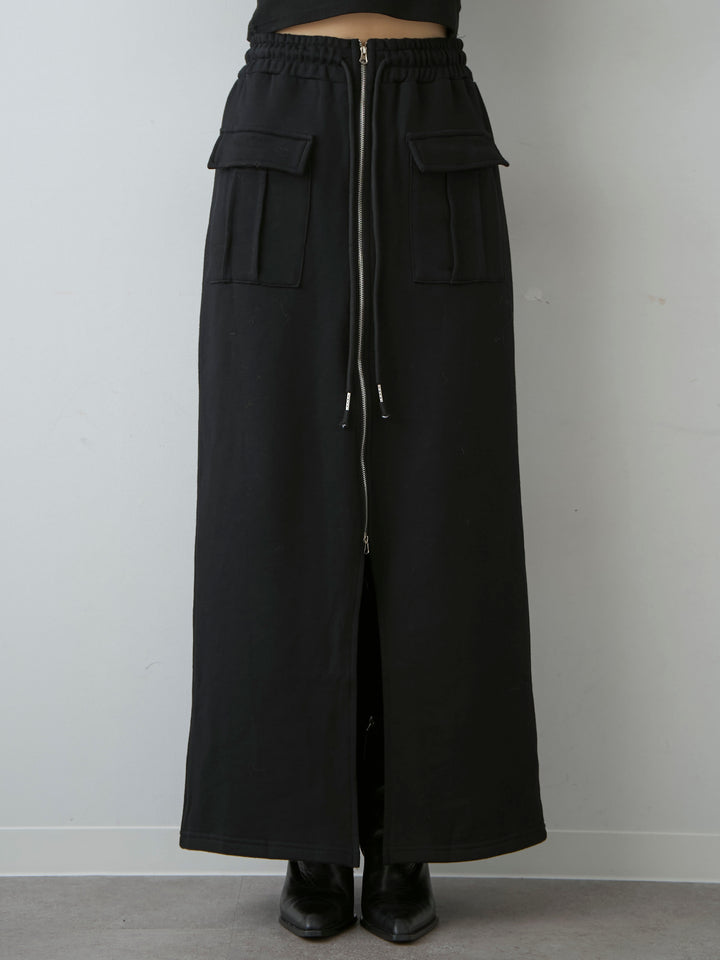 [予約]フロントZIPポケットデザインスウェットスカート/black