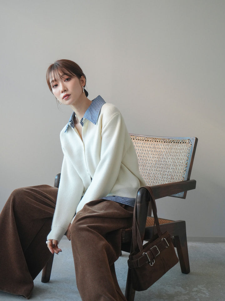 [SET]チェックシャツ襟ニットカーディガン+チェックシャツ襟ニットカーディガン(2set)