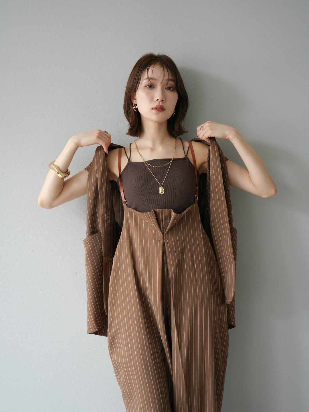 [SET]ヘリンボーンストライプジレ+ヘリンボーンストライプサロペット(2set)