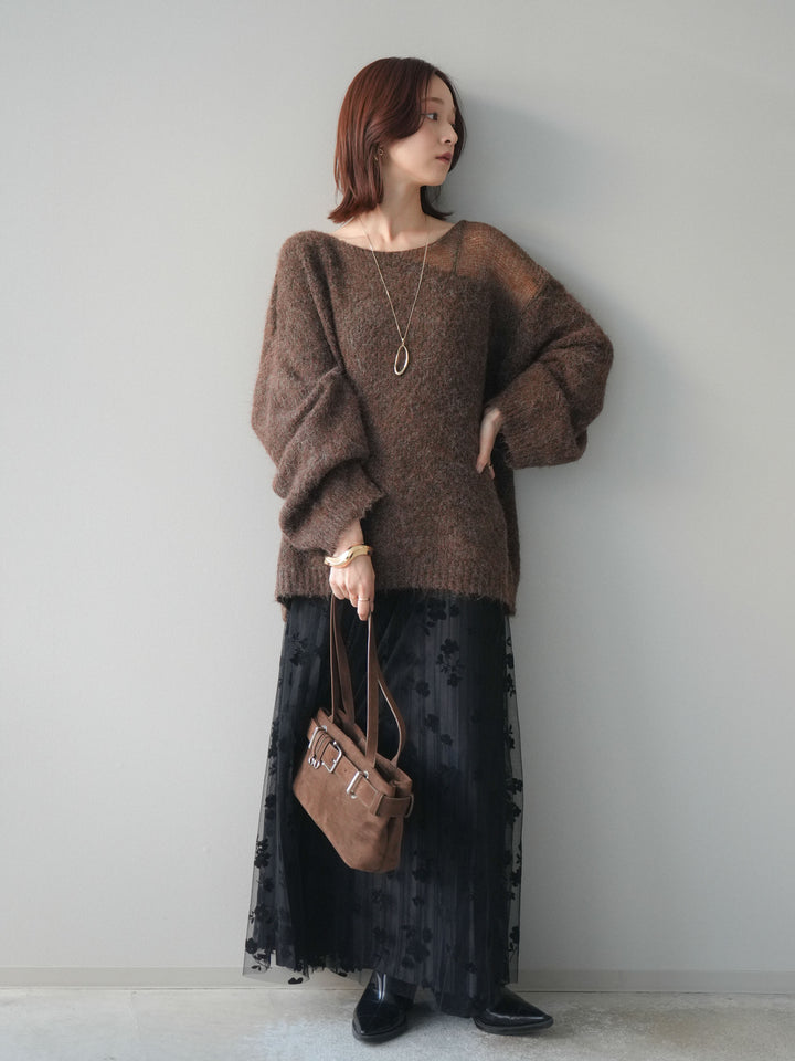 [SET]透かしデザインニットプルオーバー+フラワーフロッキーチュールプリーツスカート(2set)