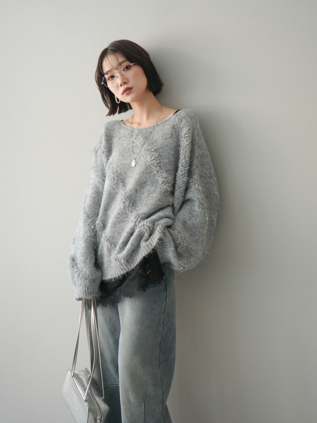 [予約]シャギーデザインニットプルオーバー/gray