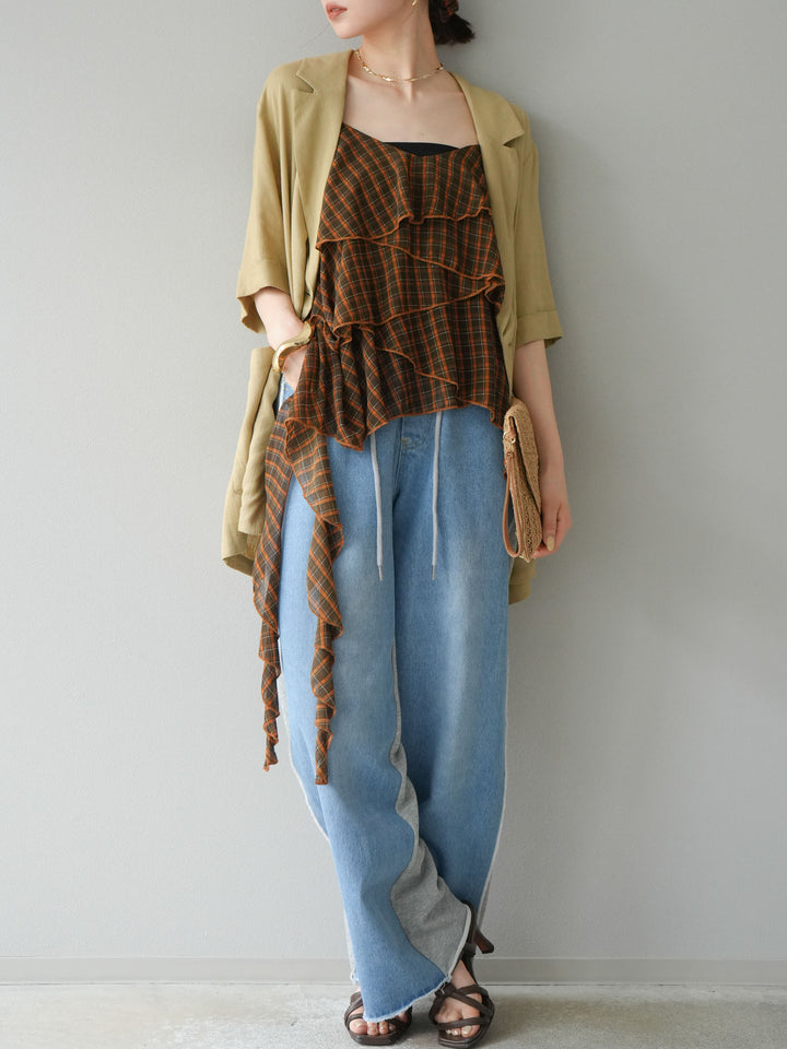 [予約]チェック柄ラッフルキャミソール/ブラウン