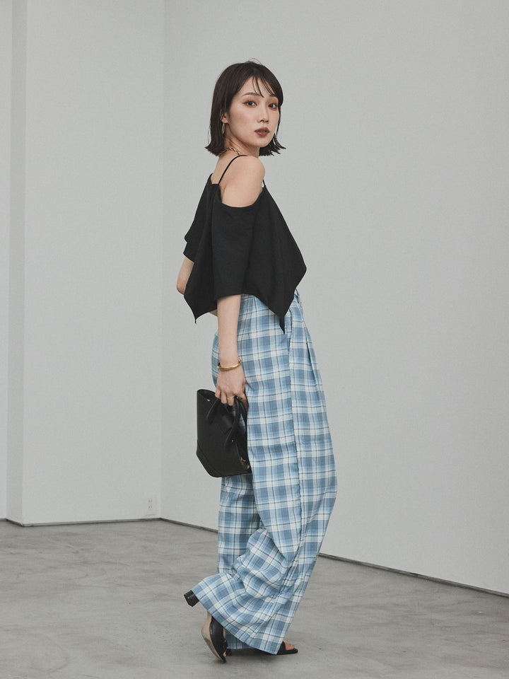 [SET]ワンショルラッフルブラウス+チェック柄ワイドパンツ(2set)
