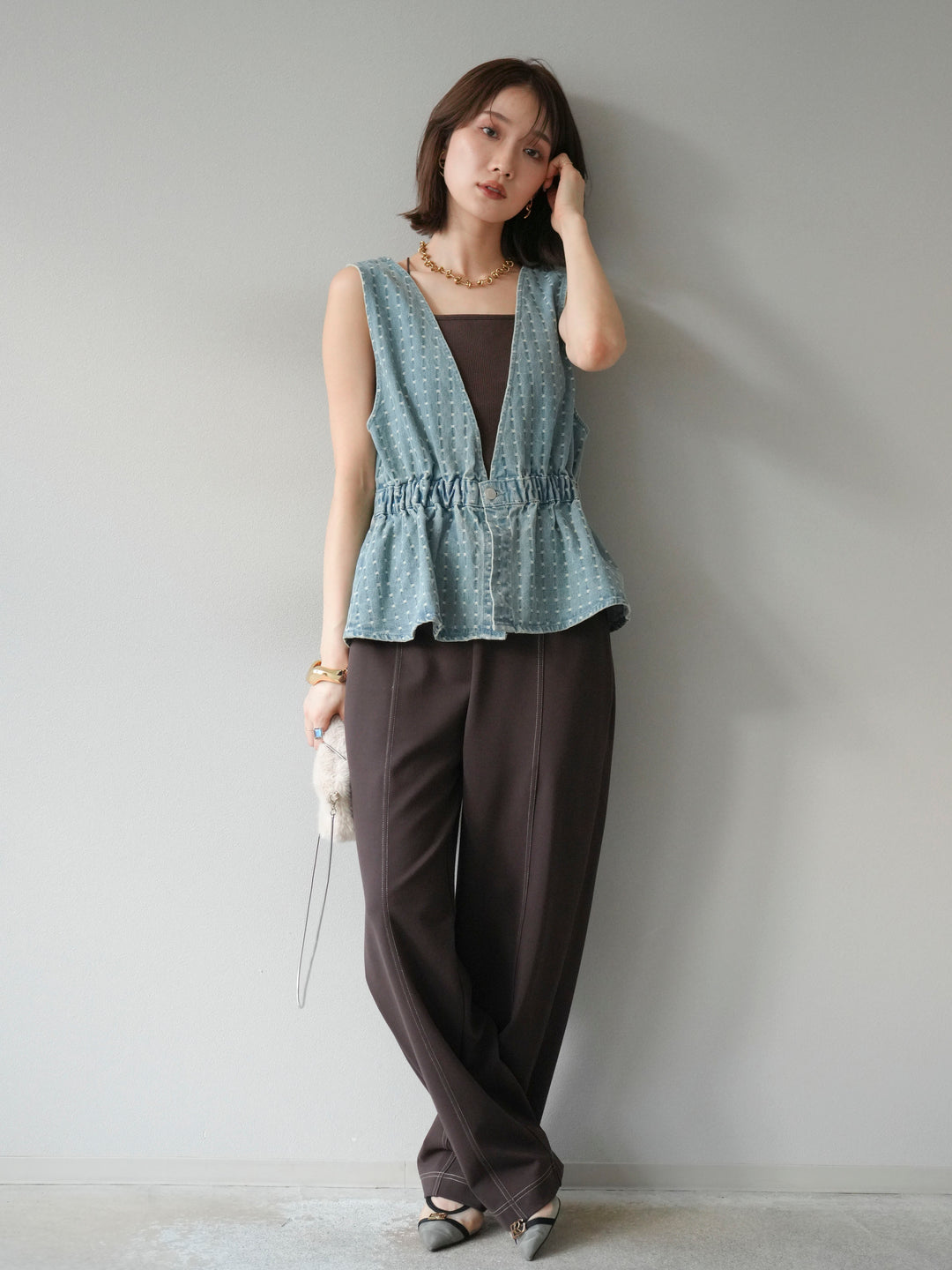 [予約]ジャガードデニム２WAYビスチェ/ライトブルー