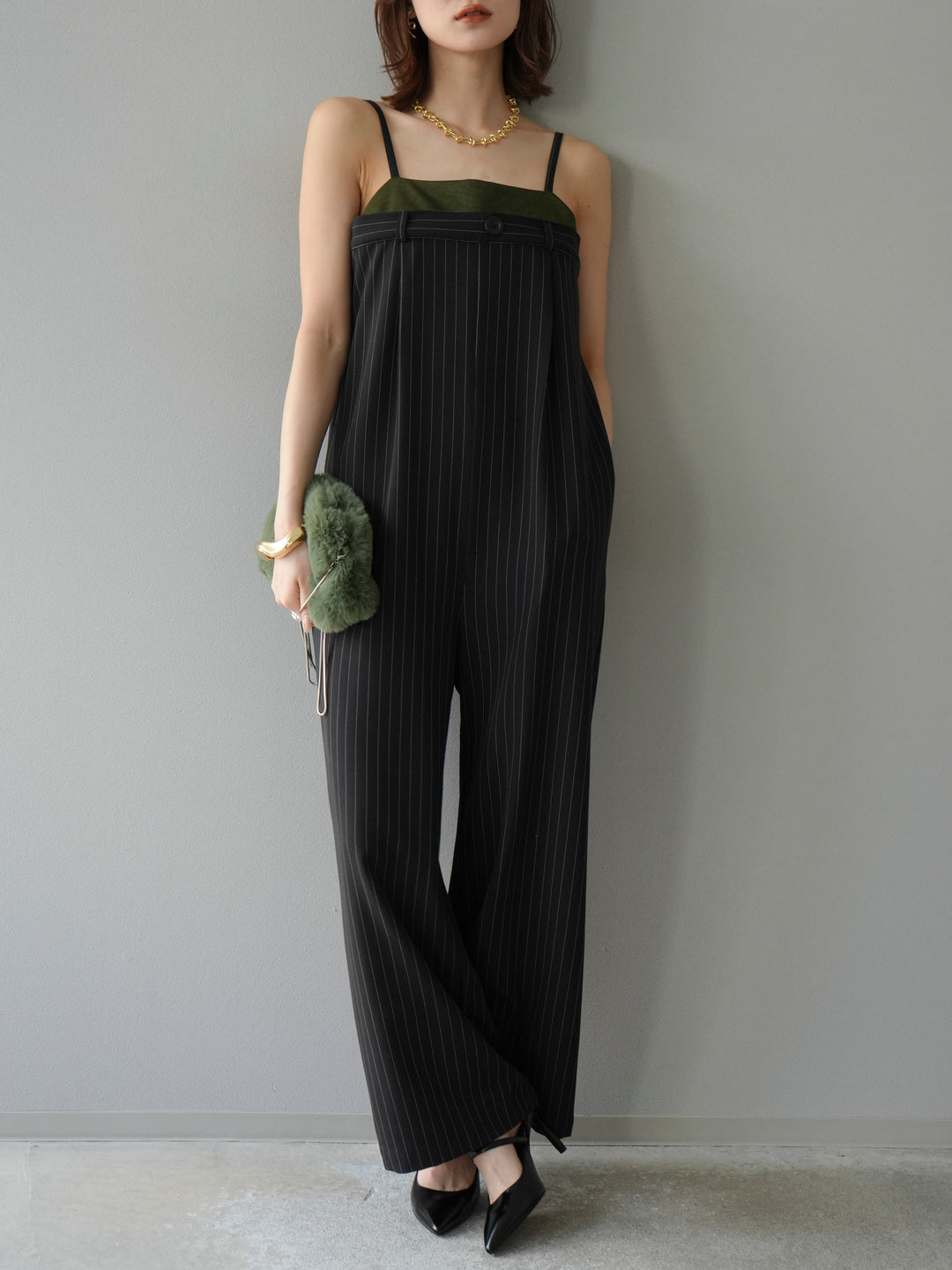 [予約]サテン切替ピンストライプサロペット/ブラック