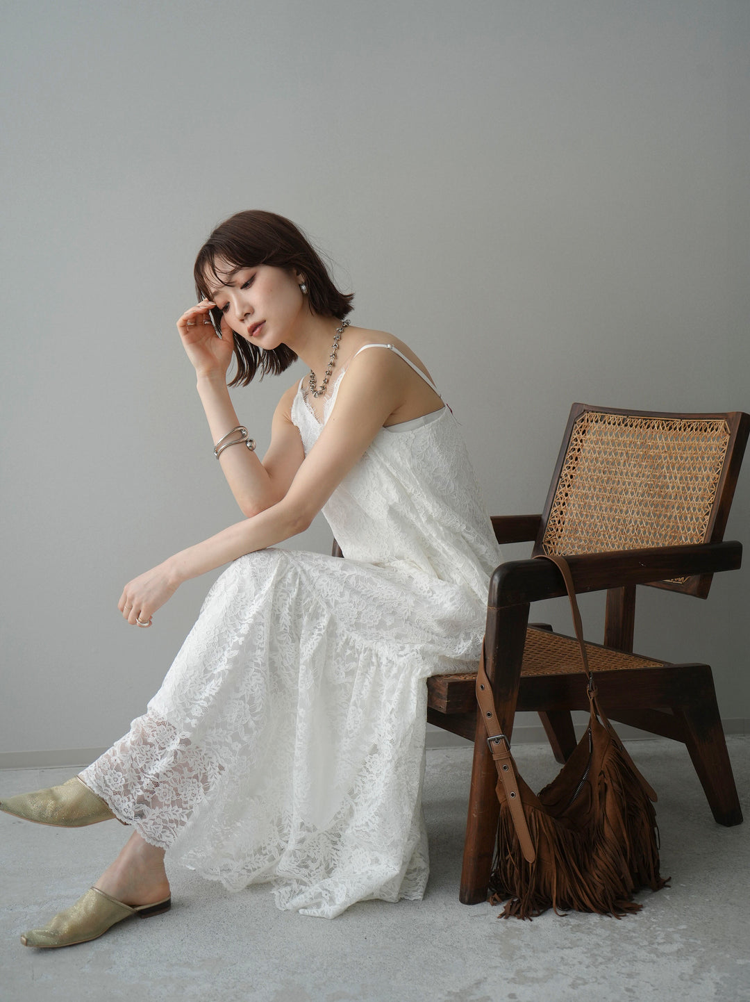 [予約]ギャザー切替レースキャミワンピース/white