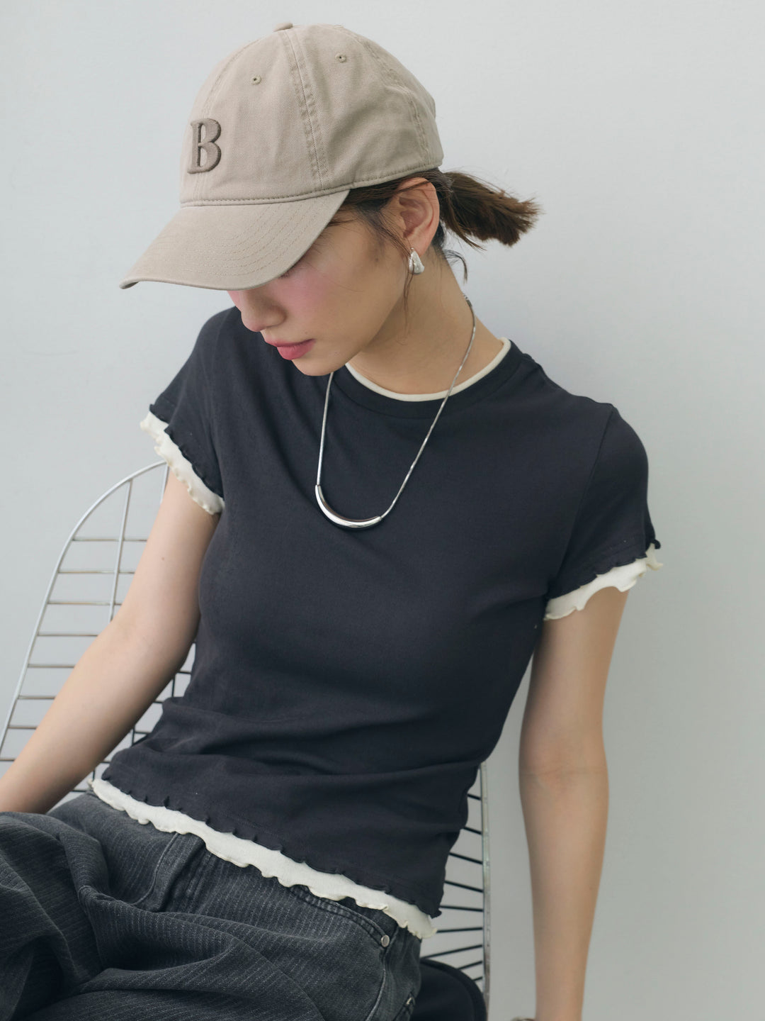 [SET]メロートリムレイヤードTEE+ニュアンスウォッシュカーブデニム(2set)
