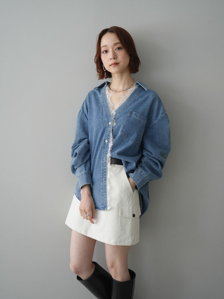 【套裝】蕾絲層疊牛仔開領襯衫+繫帶工裝迷你裙（兩件套）