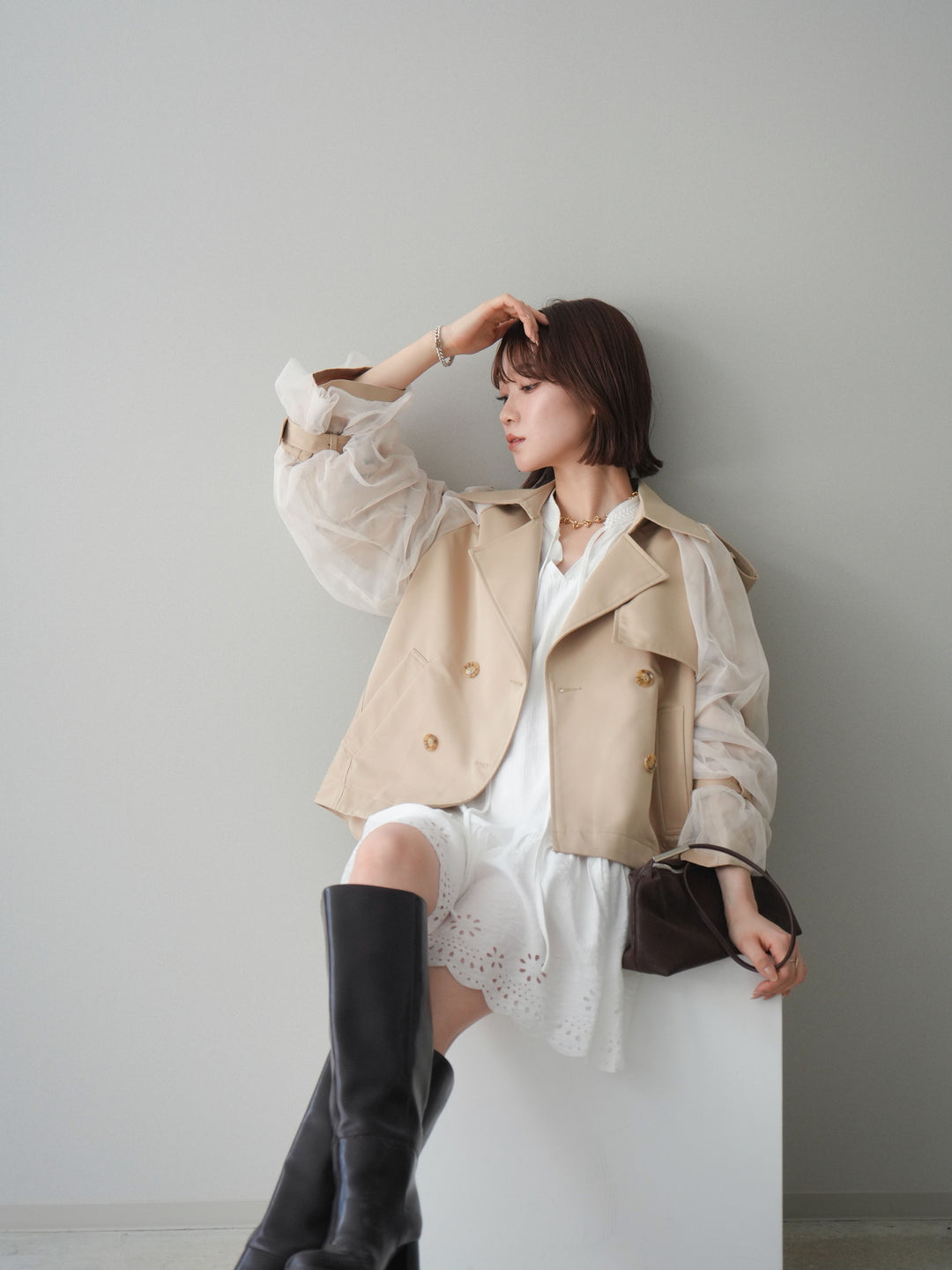[予約]ティアードパンチングミニワンピース/white