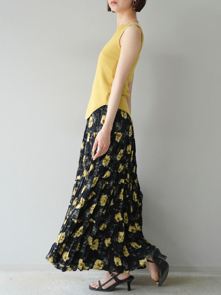 [SET]カシュクールノースリーブニットトップス+フラワーワッシャーロングスカート(2set)