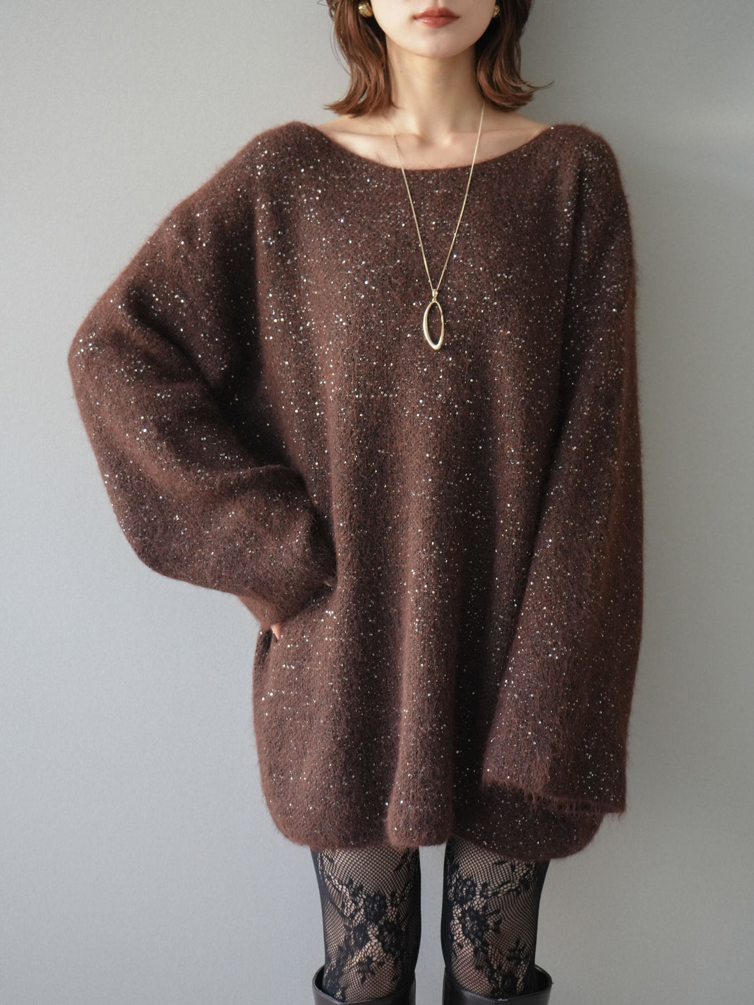 [SET]スパンコールミニシャギーニットチュニック+選べるアクセセット(2set)