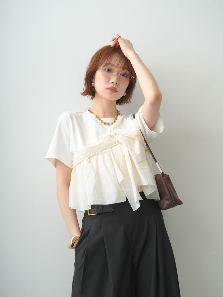 [SET]ナイロンドッキングツイストTEE +アシンメトリーベルトタックワイドパンツ(2set)