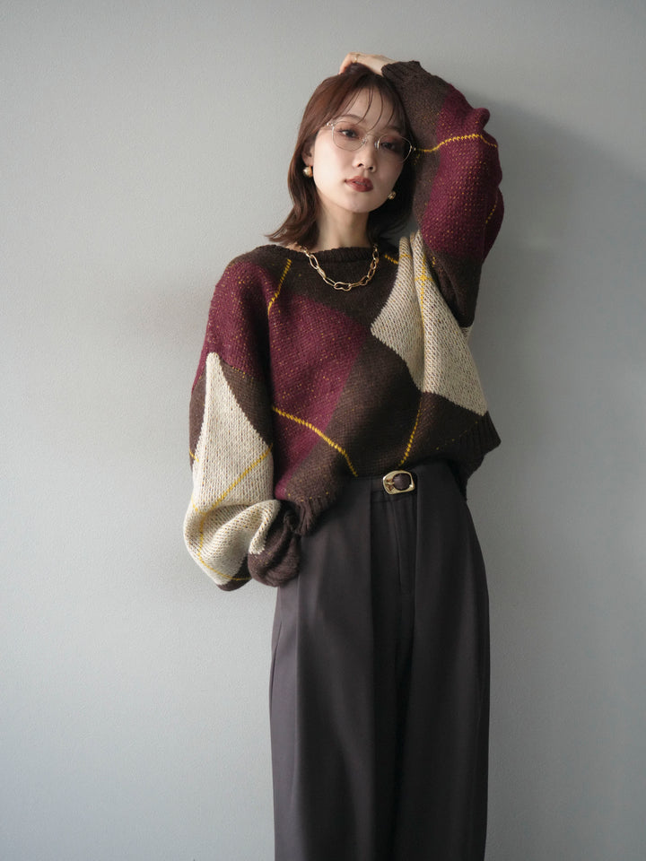 [予約]配色ステッチアーガイル柄ニットプルオーバー/brown