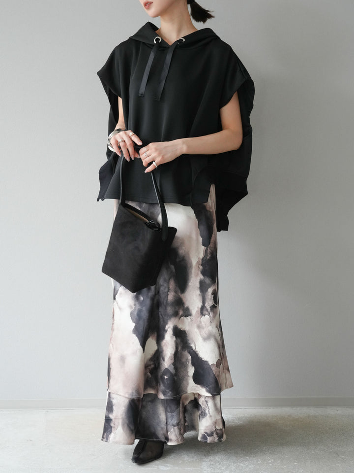 [SET]アシンメトリードルマンバックZIPフーディー+ニュアンスサテンフリルスカート(2set)