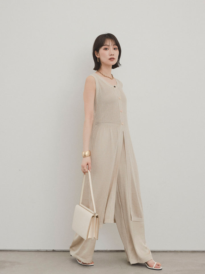 [SET]アソートボタンニットロングジレ+サテンイージーパンツ(2set)