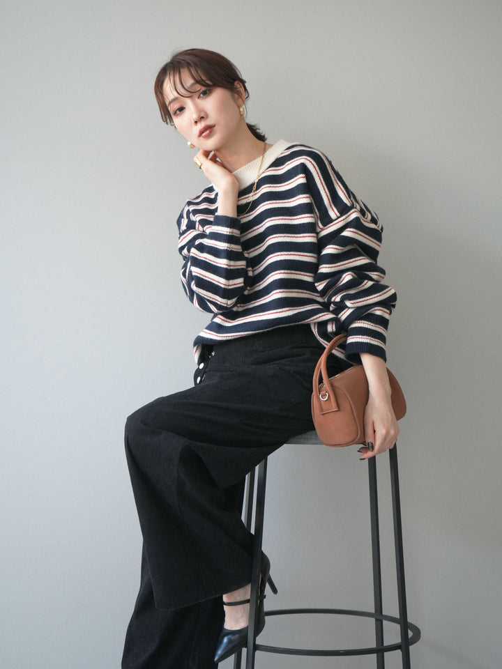 [予約]モックネックボーダーニットプルオーバー/navy