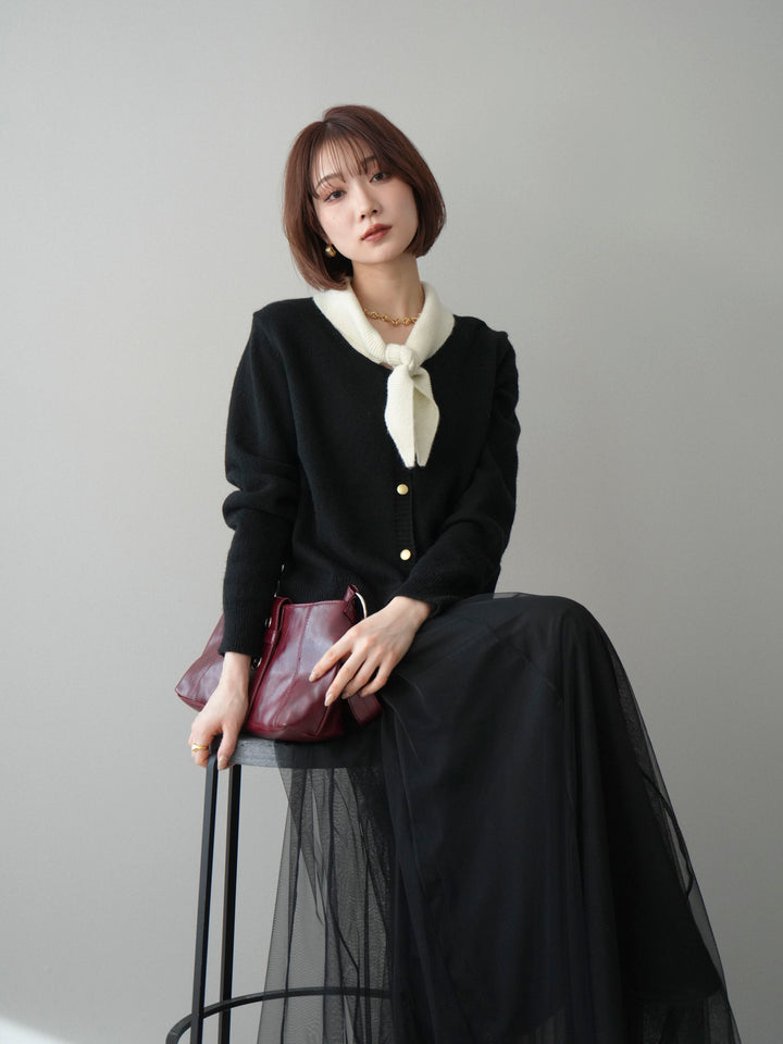 [予約]デザイン襟ニットカーディガン/black