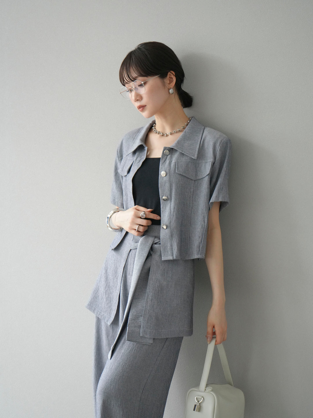 [SET]リネンタッチハーフシャツ＆ラップワイドパンツSET UP(2set)