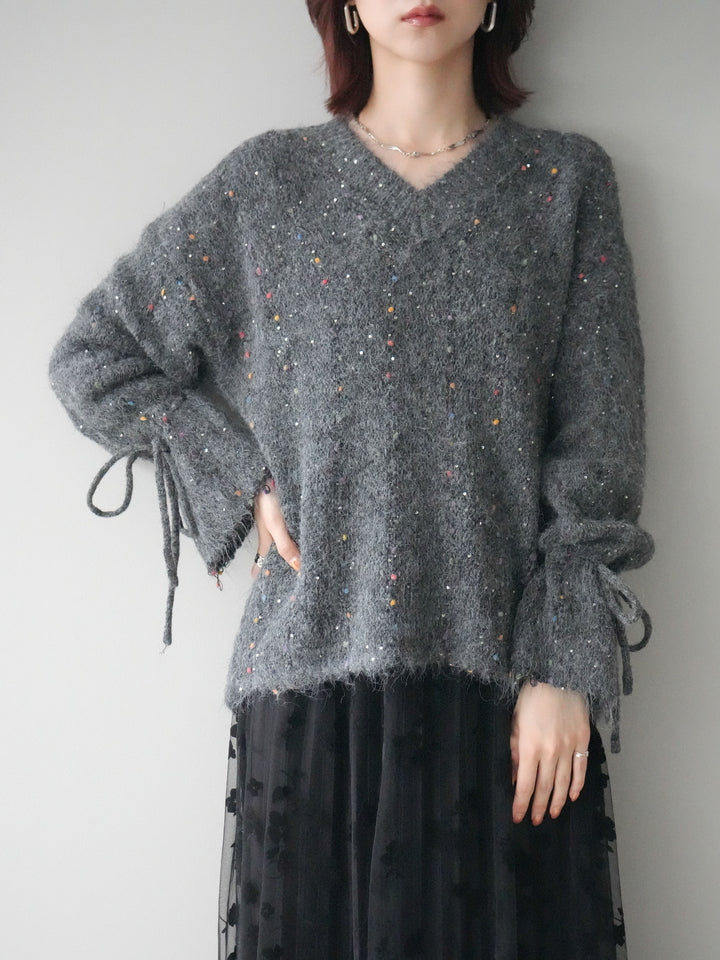 [SET]キャンディースリーブカラーネップスパンコールニットプルオーバー+フラワーフロッキーチュールプリーツスカート(2set)