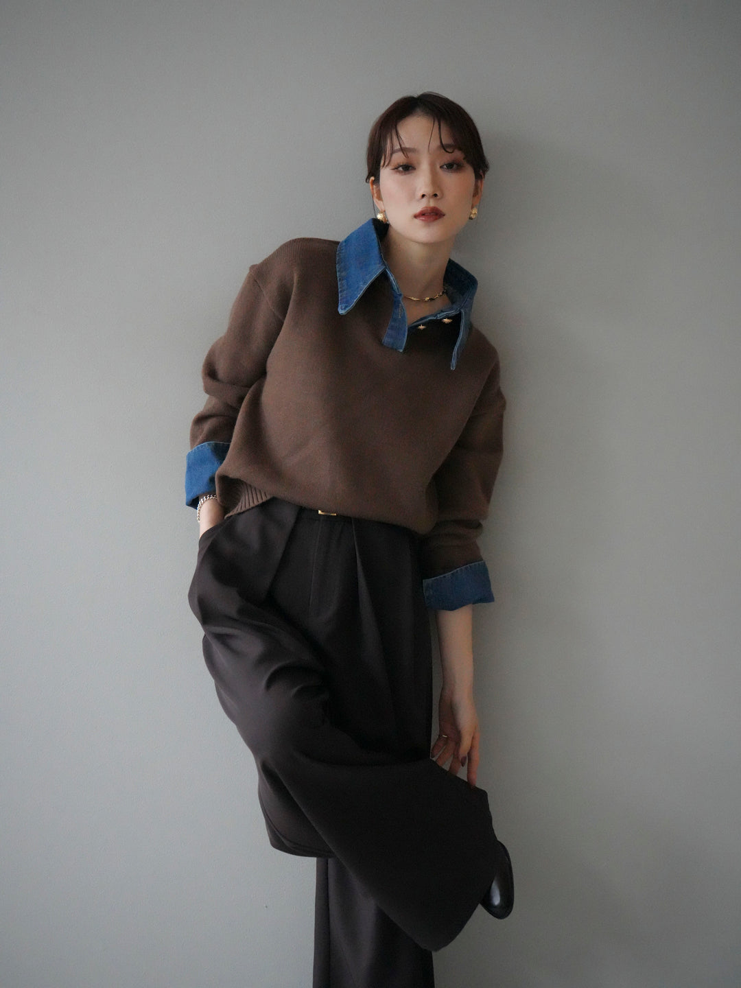 【預購】牛仔領polo針織套頭衫/棕色