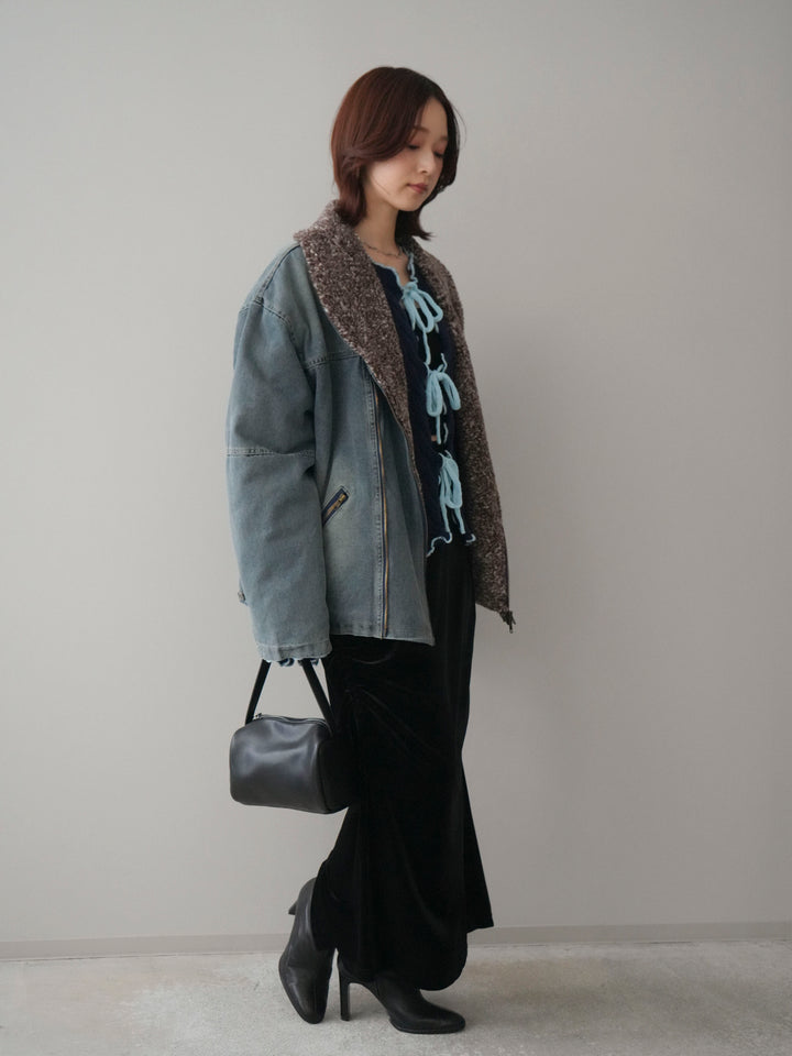 [SET]ミックスボアデニムジャケット+フロントリボン配色メローニットカーディガン+ギャザーベロアスカート(3set)